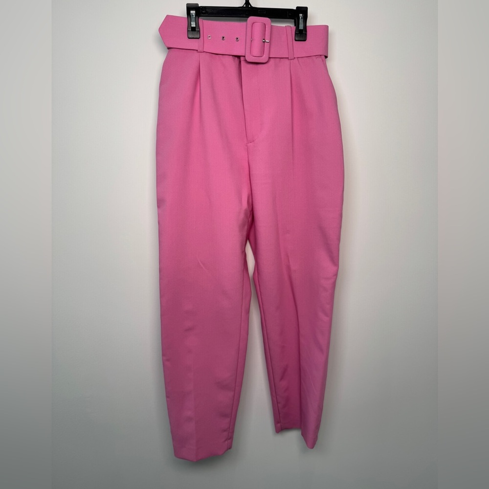 Zara High-Waist Tailored Pink Belted Pants